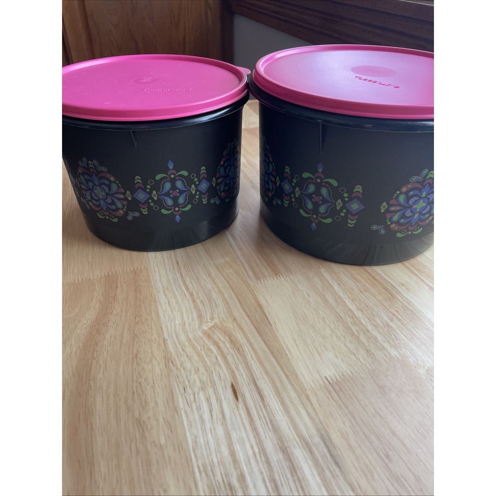 Tupperware Canister Set 2pc Black Pink Floral Medallion Round Storage Containers - Picture 2 of 9